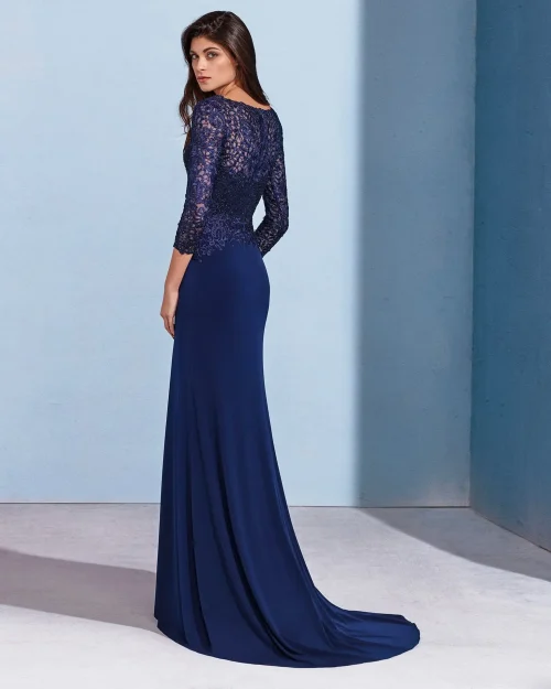 Vestido de fiesta azul largo crepe elástico y encaje outlet