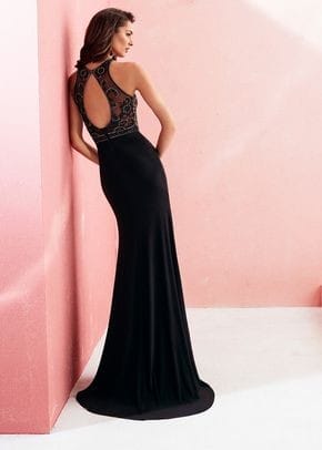 Vestido largo negro crepe, cuerpo pedrería de fiesta