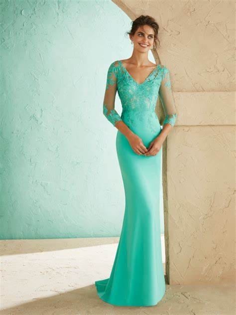 Vestido crepe y encaje verde agua Outlet