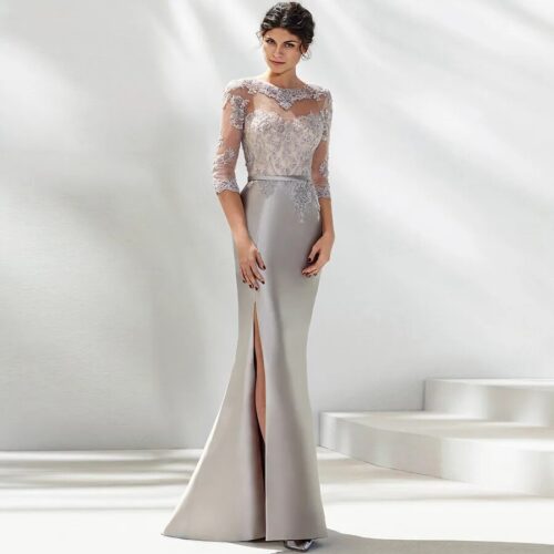 Vestido largo en mikado y encaje visón