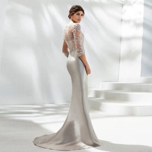 Vestido largo en mikado y encaje visón Outlet