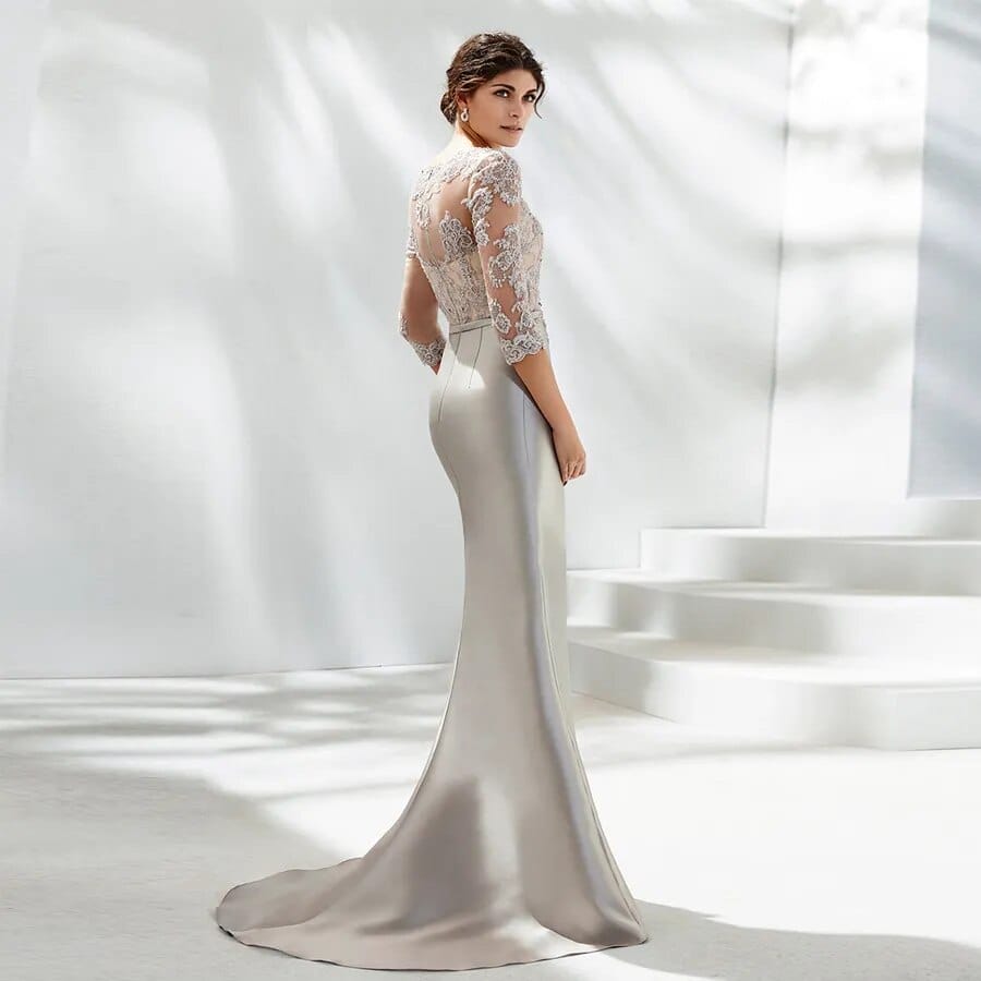 Vestido largo en mikado y encaje visón Outlet