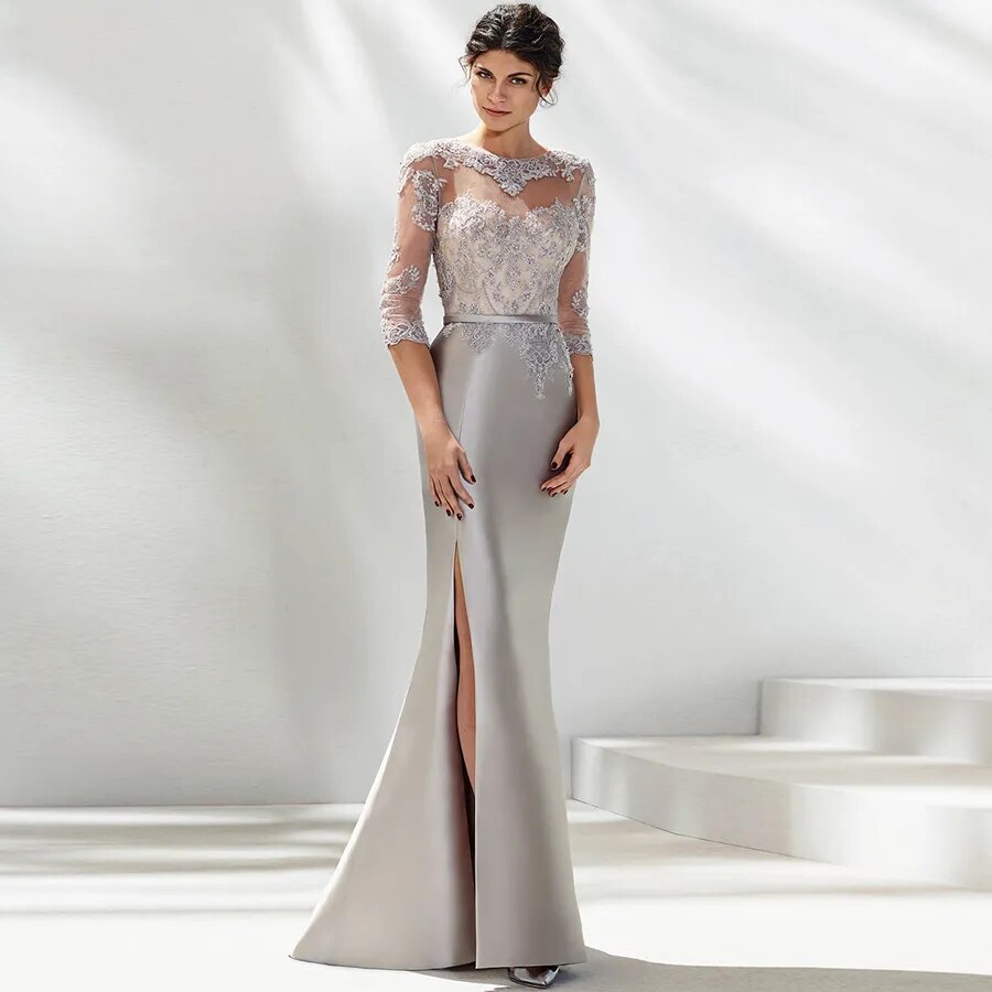 Vestido largo en mikado y encaje visón