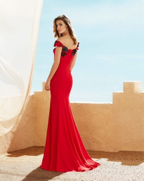 Vestido largo rojo flores encaje en escote Outlet