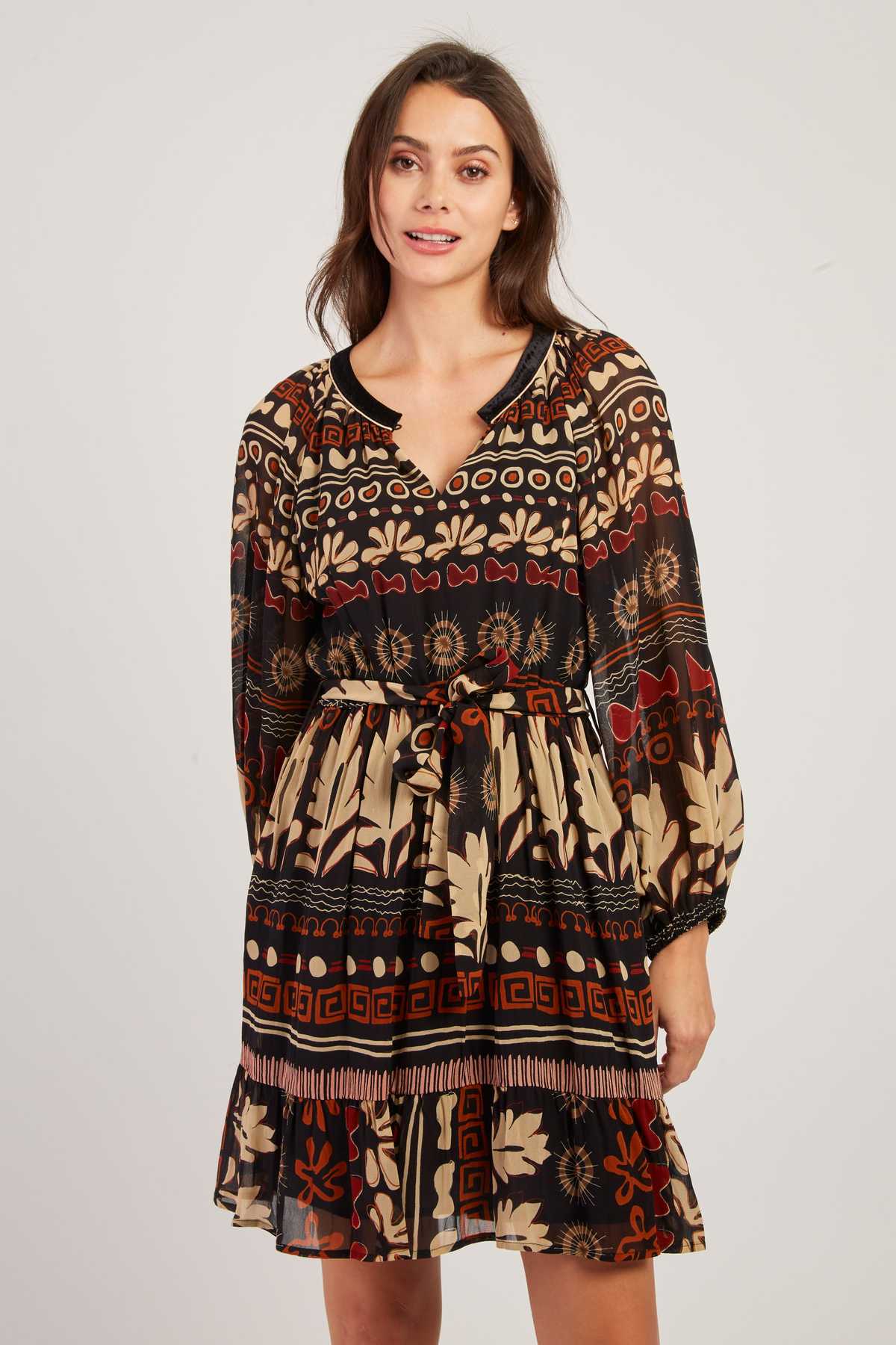 Vestido corto de manga larga estampado boho René Derhy